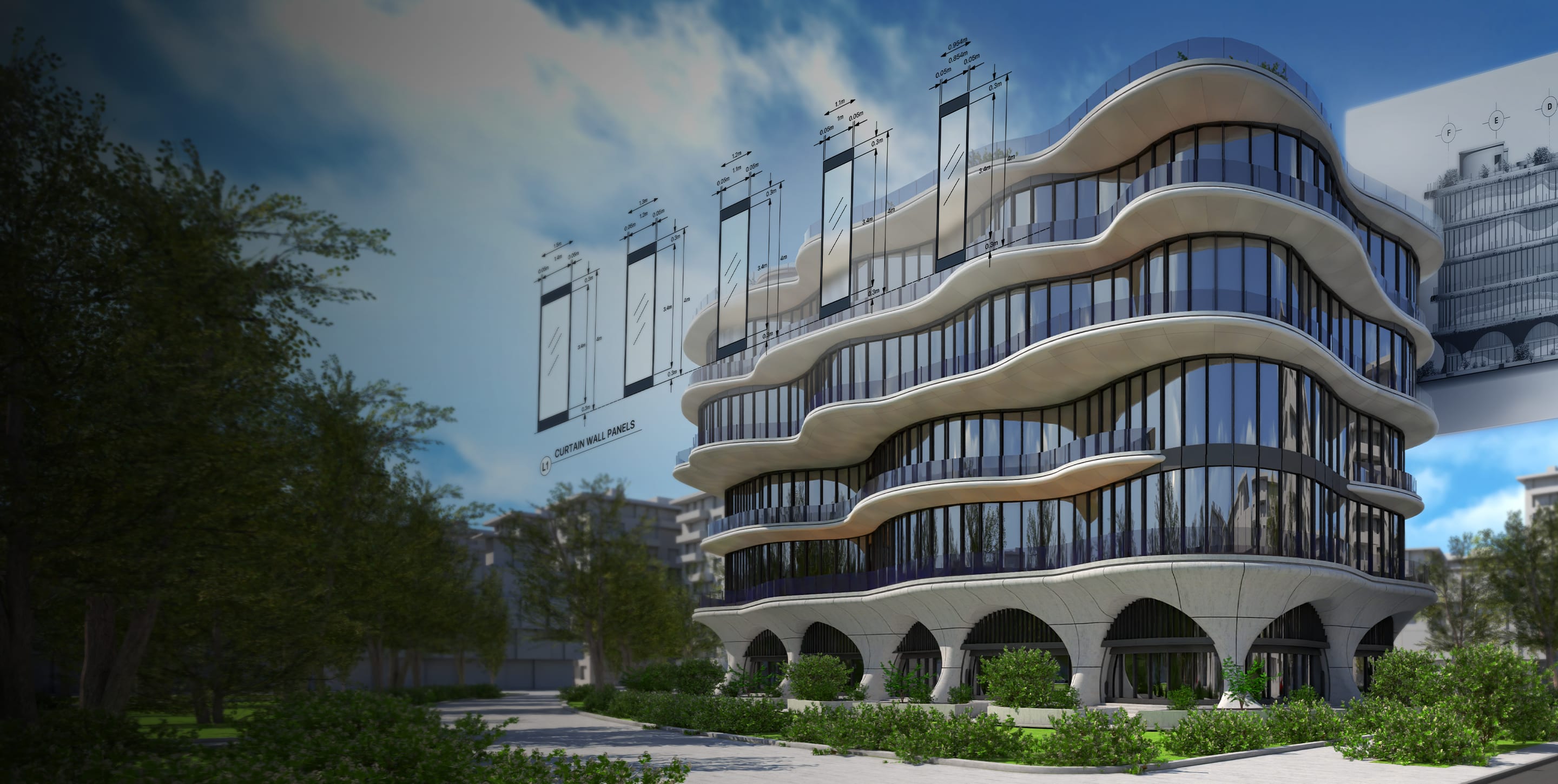 Vectorworks Architectを使用して構造部材と空間構成を明らかにするために断面化された、複合用途ビルのBIMモデル。