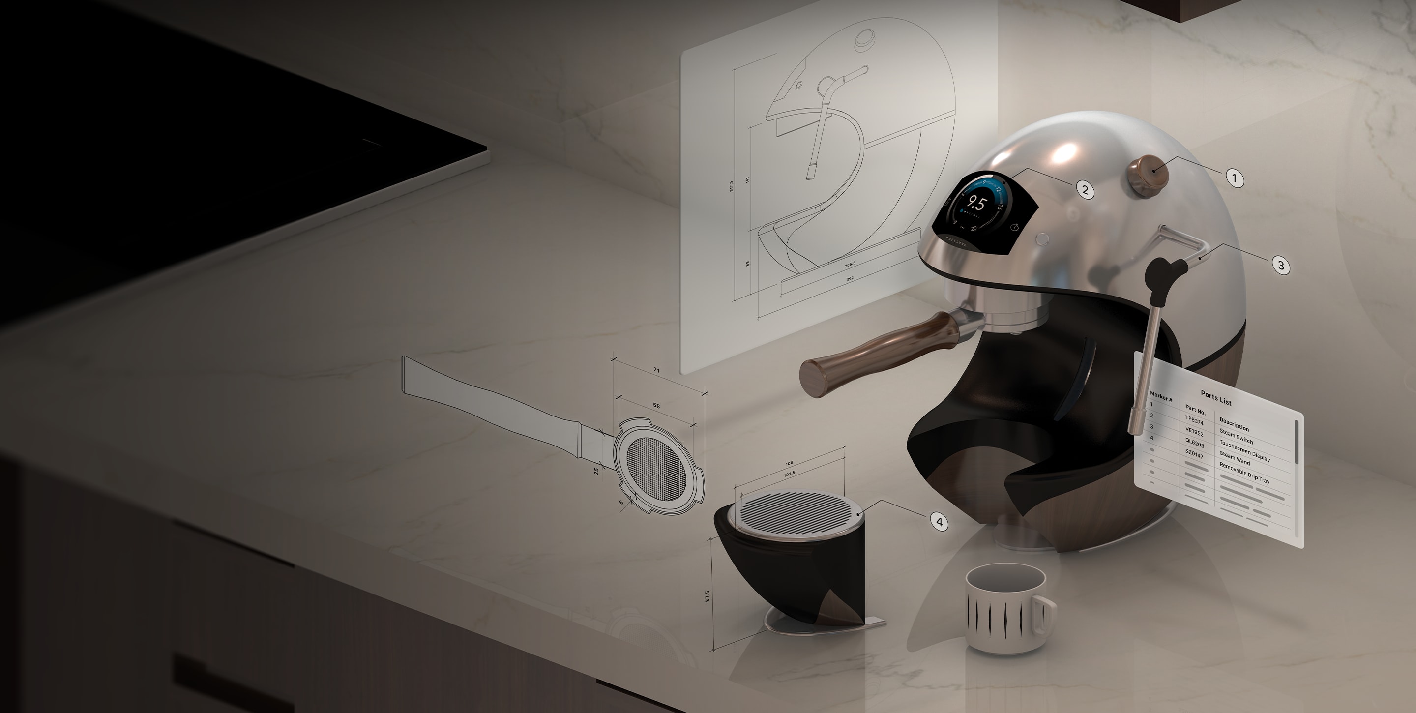Moderno tocadiscos de madera con vinilo, herramientas de modelado 3D y ejes de rotación en Vectorworks Fundamentals.